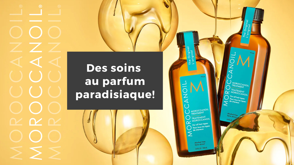 Bouteilles de traitement Moroccanoil sur fond de bulles liquides dorées