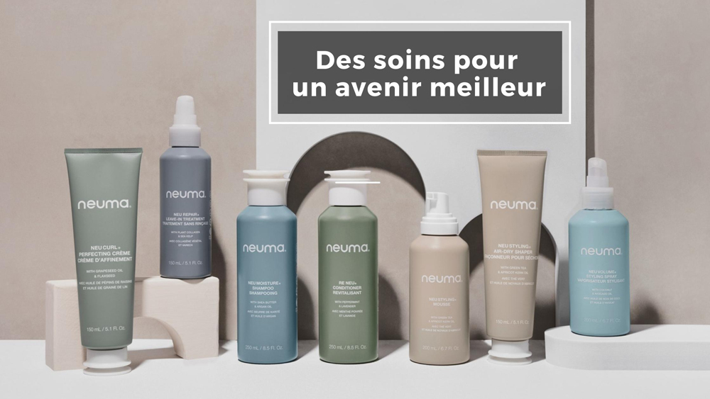 Des produits de soin capillaire Neuma pour un avenir meilleur, présentés sur un fond minimaliste.