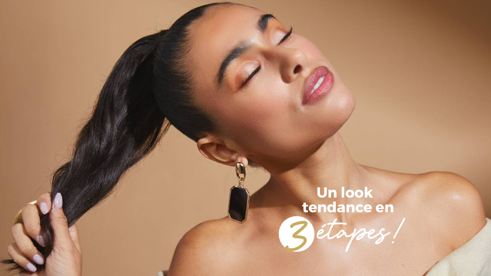 Un look tendance en 3 étapes mettant en avant un maquillage lumineux et des accessoires élégants.