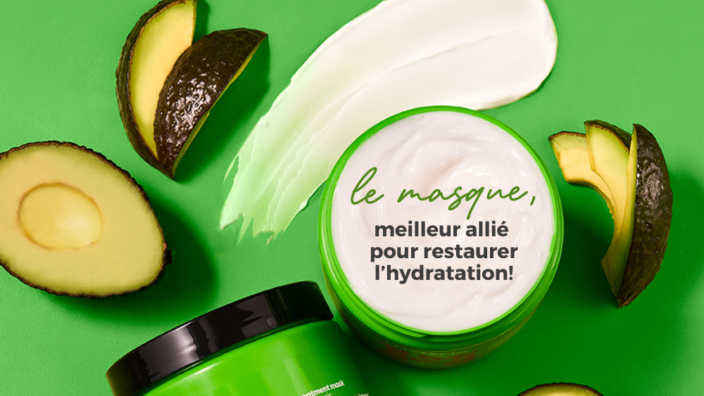 Masque hydratant à base d'avocat, idéal pour restaurer l'hydratation des cheveux.