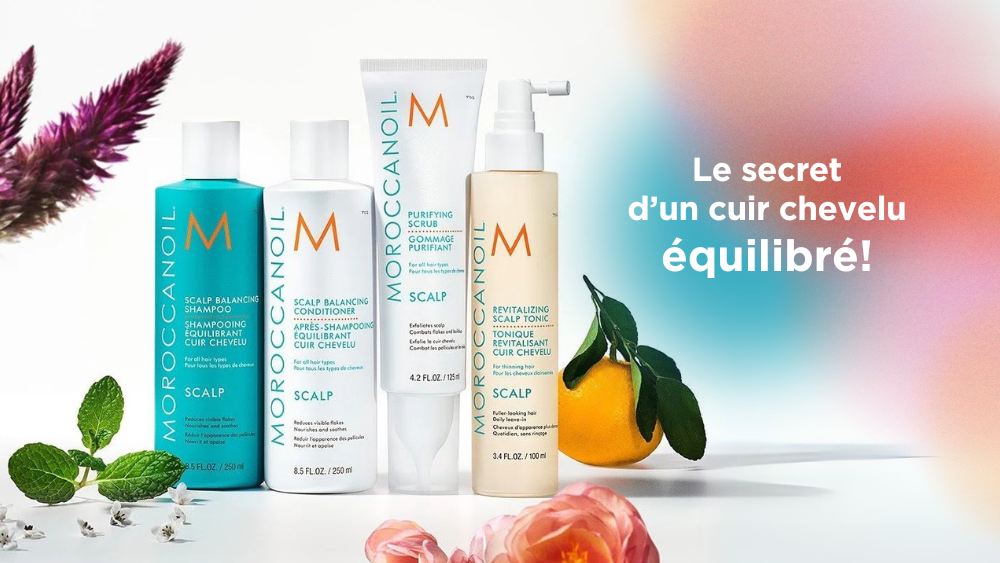 Produits Moroccanoil pour un cuir chevelu équilibré, incluant shampoing, après-shampoing, gommage purifiant et tonique revitalisant.