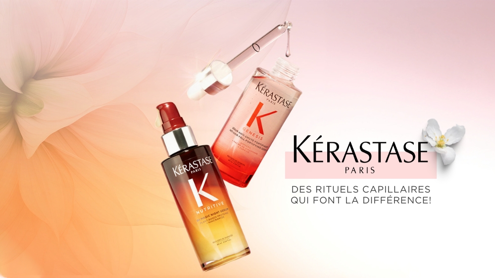 Produits capillaires Kérastase Paris, incluant un sérum nutritif et un sérum anti-chute, mettant en avant des rituels qui font la différence.