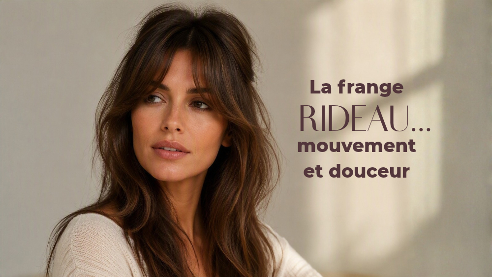 Femme aux cheveux bruns avec une frange rideau.